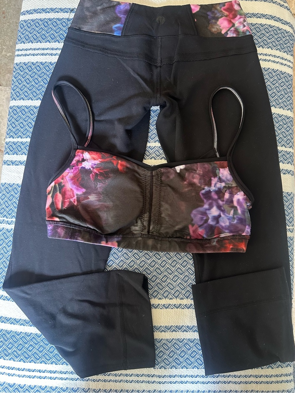 Lululemon Set Black Sports Bra and Pants with Purple & Pink Floral Print